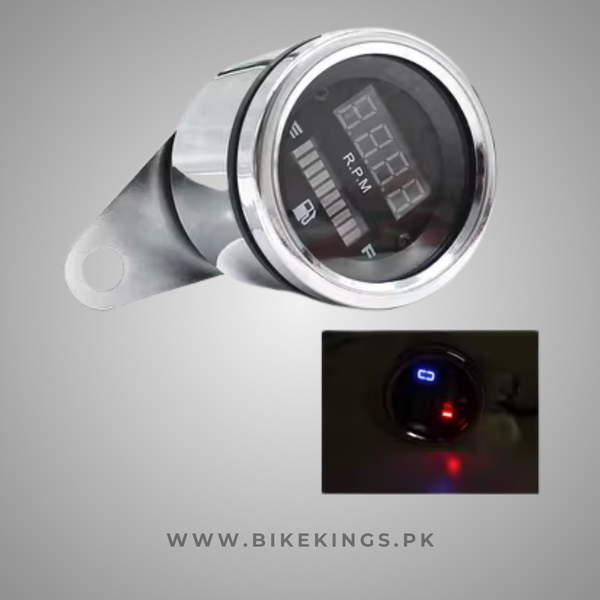 2 in 1 LED Digital Meter – Tachometer RPM – Gas Fuel Gauge – Round Metal Chrome
